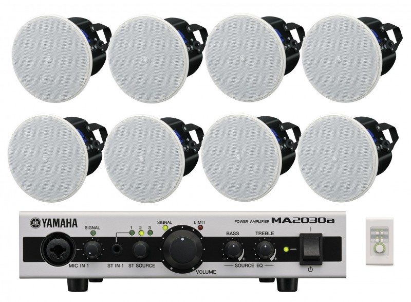 ระบบเสียงร้านอาหาร เป็นระบบเสียงเพลงแบ๊คกราวด์ มากับพร้อมลำโพงติดเพดานอาร์เรย์ 8 ตัว YAMAHA และพร้อม Mixer Amplifier YAMAHA MA2030A